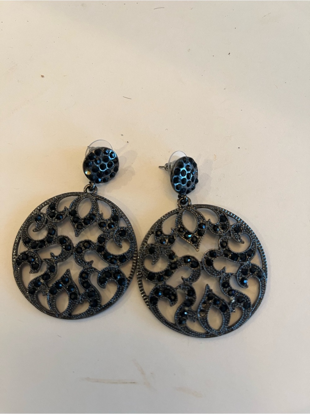 Black Filigree Round Drop Earrings with Sparkling Stones